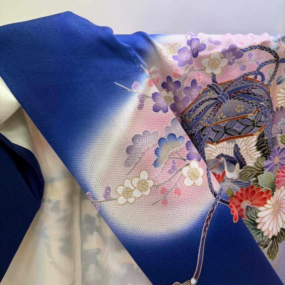振袖 正絹 青 白 古典花柄 裄70㎝ 成人式 中古 b-66