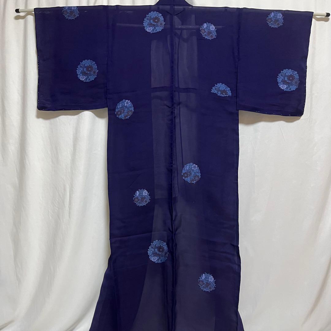 美品 着物 正絹 絽 夏物 単衣 小紋 刺繍 花丸紋 花柄 青 紫系 しつけ有