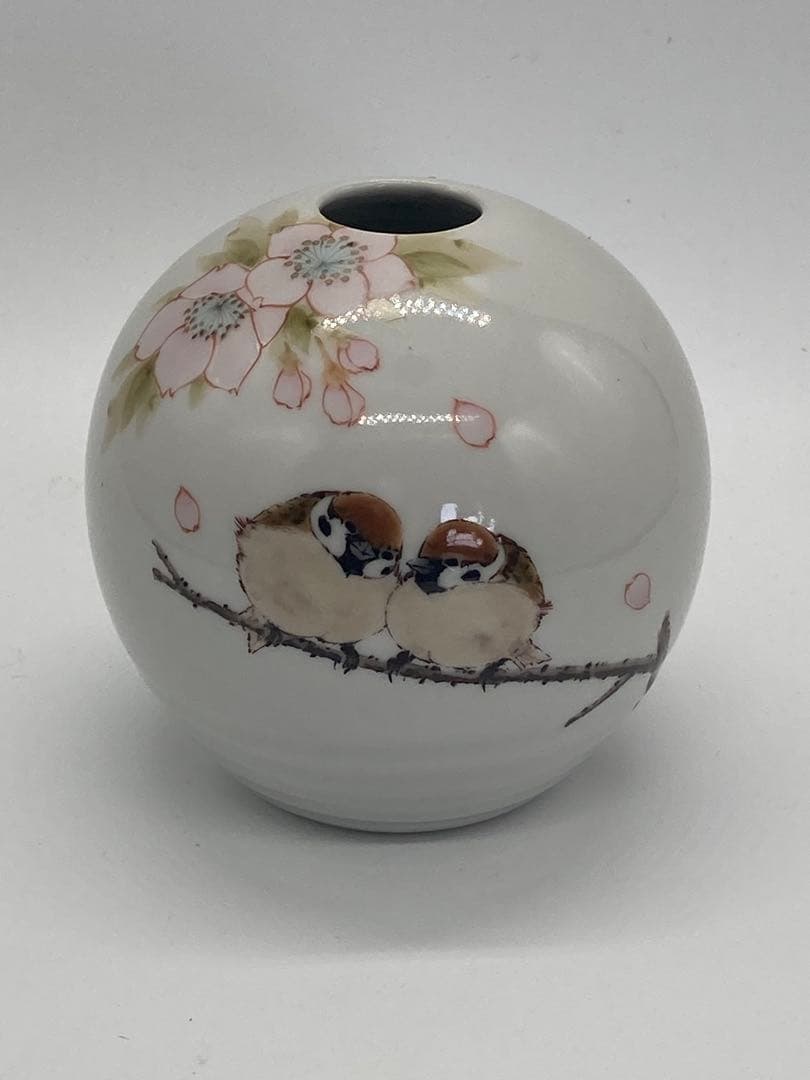 雀と桜の九谷焼花入