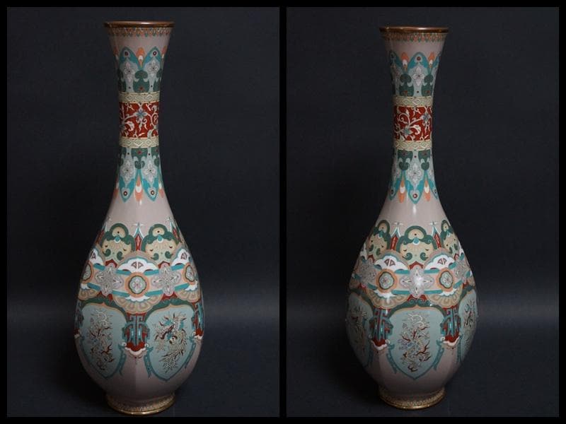 明治期 尾張七宝 銀線象嵌『龍鳳唐草紋』大型飾壺(一対) 面取花瓶