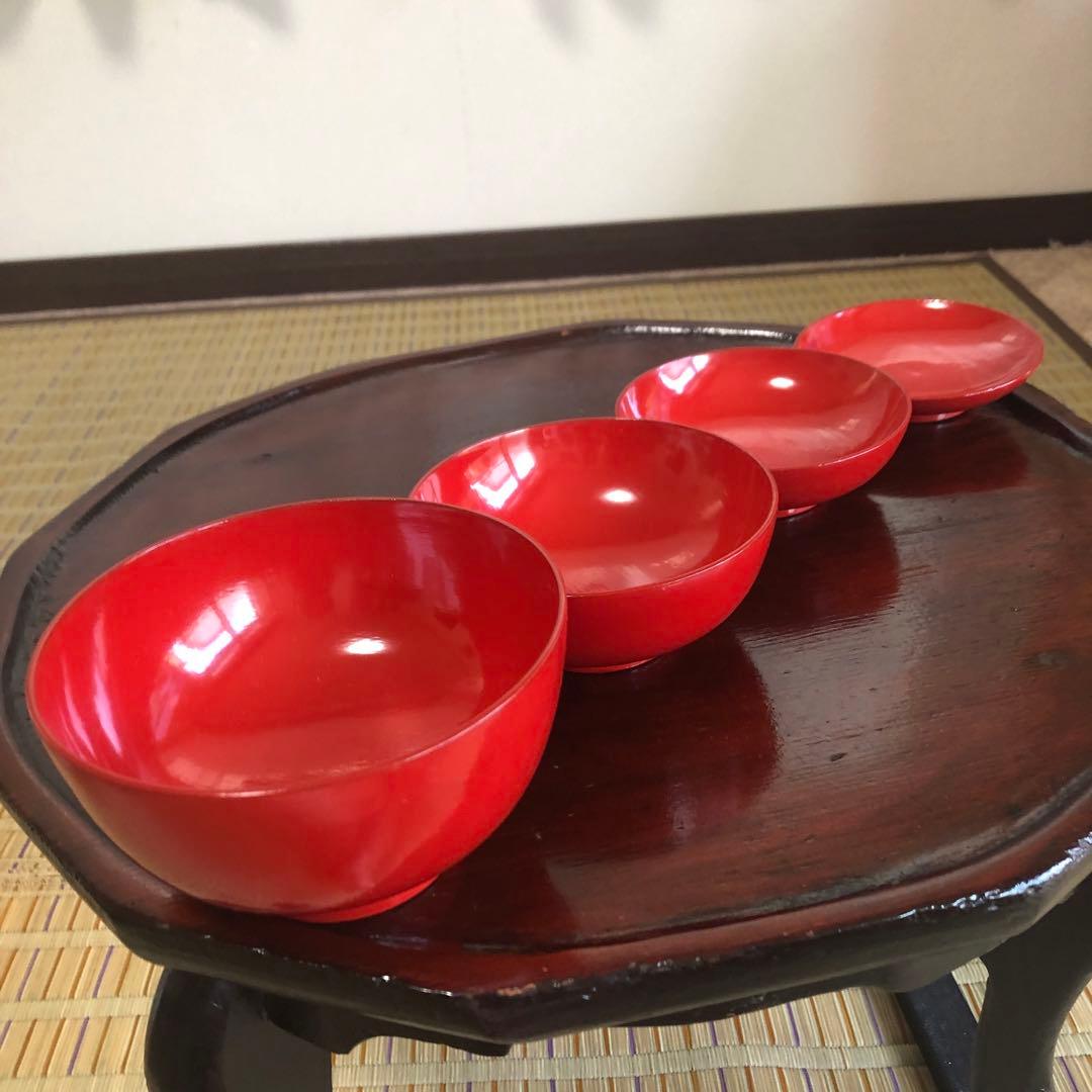 四つ組椀　漆椀4客セット　漆器　朱椀　昔椀　浄法寺塗　天然木　アンティーク