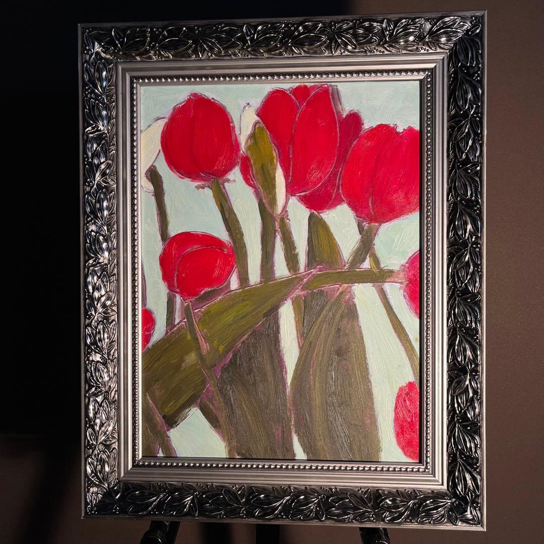 手書き油絵 チューリップ 額付 絵画 インテリア 油彩画