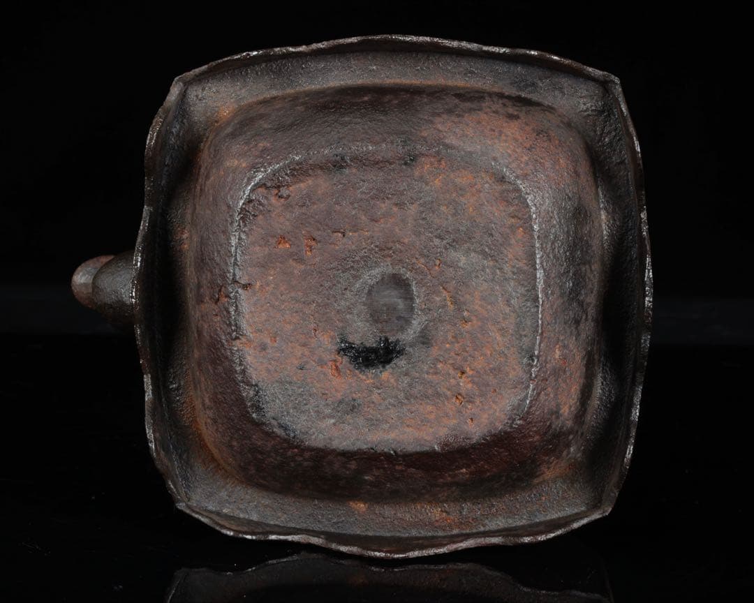 【時代鉄瓶】三葉葵紋 四方形鉄瓶 銅蓋 茶道具 煎茶道具 急須 湯沸 骨董品