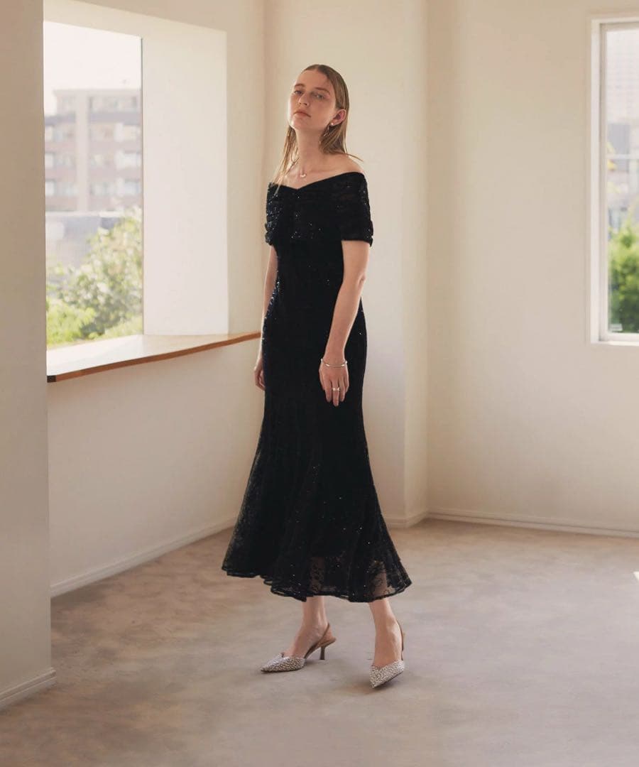 LEJA-2WAYレース花柄オフショルダーマーメイドロングワンピースドレス