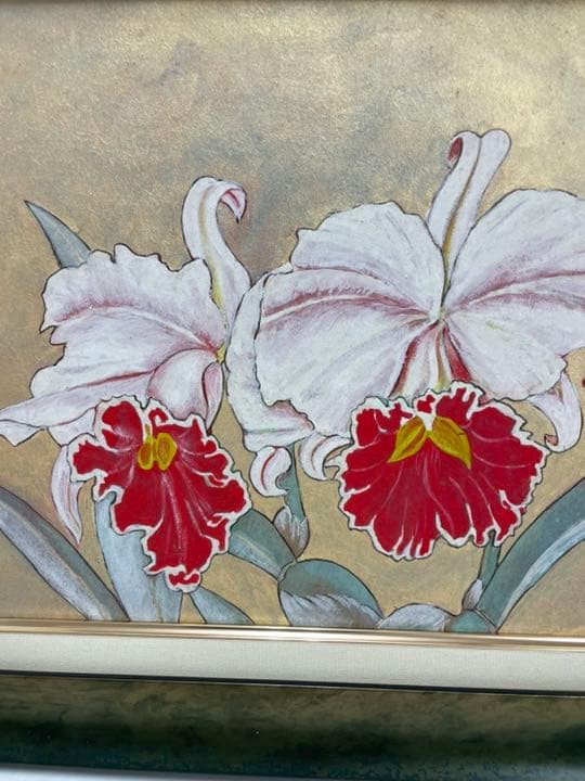 油絵F6 ピンク赤胡蝶蘭 (板に油絵) 表面ガラス付き 額 金緑