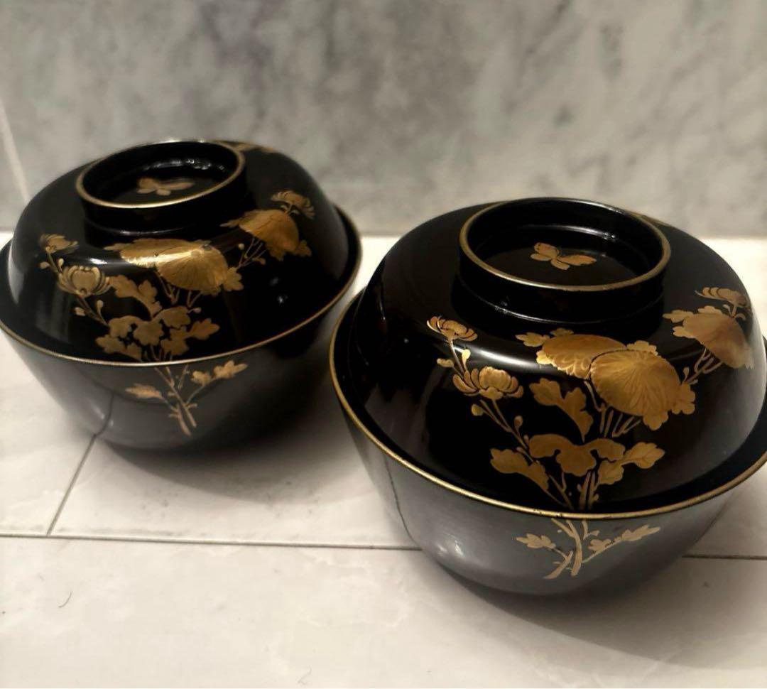芸術的なお花、蝶々とふんだんに使われた金彩が美しい豪華絢爛な木製輪島漆塗お椀2客