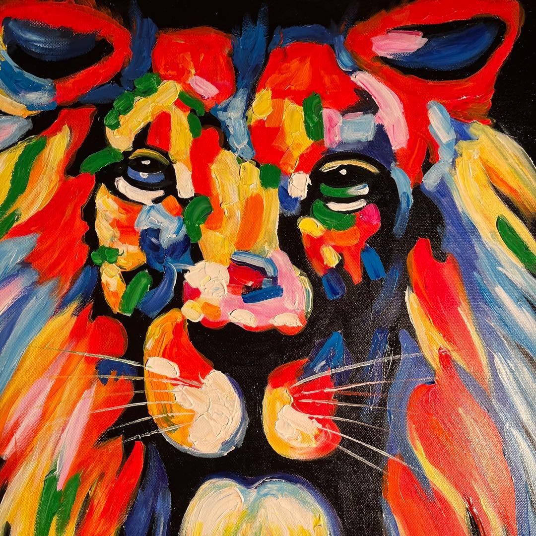 手書き油絵 七色のライオン 額付 肉筆絵画 インテリア 油彩画