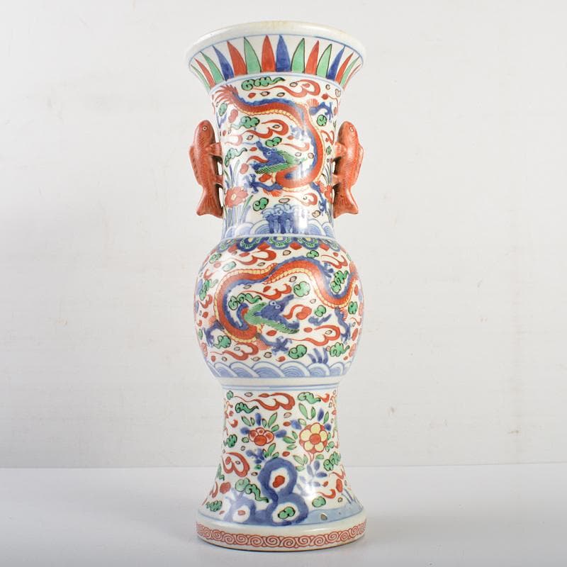 中国　大明萬暦年製款　赤絵　雲龍花文　双魚耳瓶　時代箱付　M　R7343