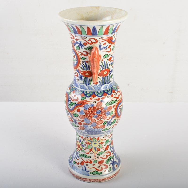 中国　大明萬暦年製款　赤絵　雲龍花文　双魚耳瓶　時代箱付　M　R7343