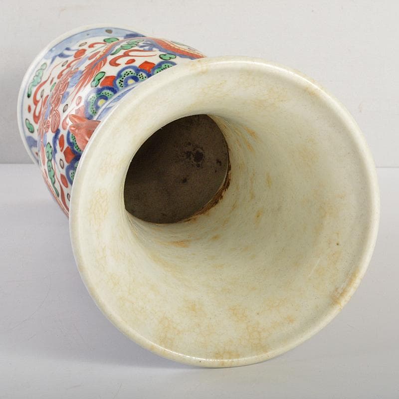 中国　大明萬暦年製款　赤絵　雲龍花文　双魚耳瓶　時代箱付　M　R7343