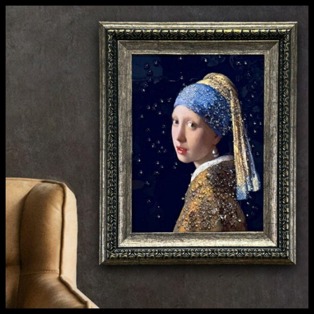 輸入雑貨　天然石　『真珠の耳飾りの少女』クリスタルアート』　水晶絵　宝石アート