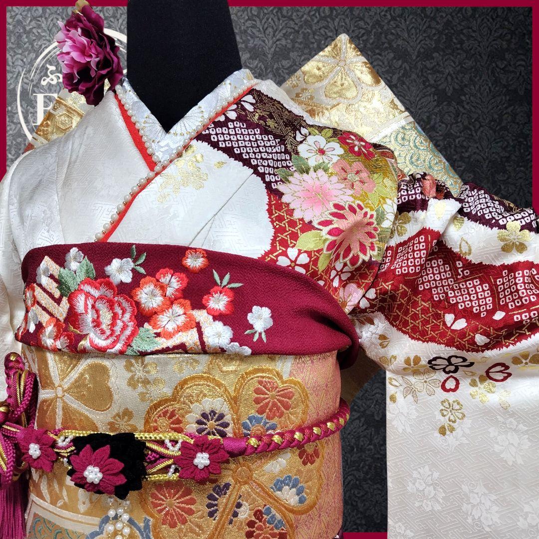 振袖フルセット(7点)・成人式・古典柄・金彩加工・金駒刺繍・地紋・絞り柄・正絹