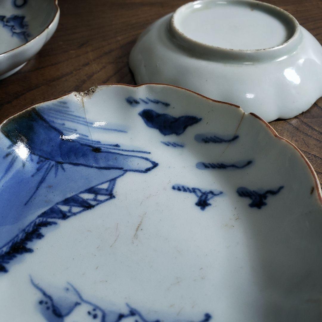 小皿　古伊万里　江戸　山水　遠景　船 民家　訳あり