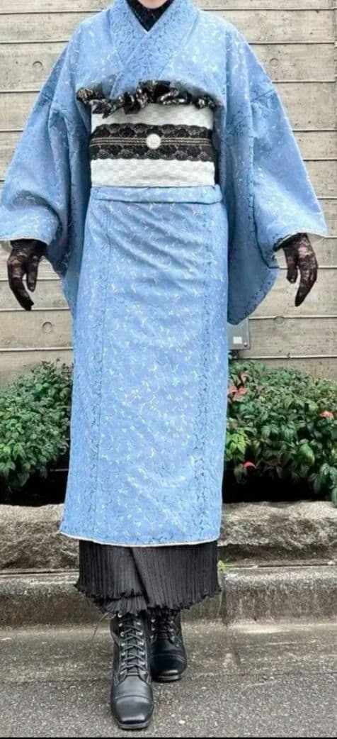 レース 着物 振袖 青 サックスブルー 和ロリ