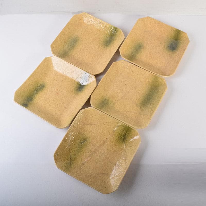 和食器　瀬戸焼　黄瀬戸　美濃不二窯　佐藤和子造　角皿　5客　共箱　VR7786C