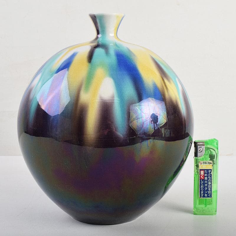 九谷焼　柳雨軒　三代八十吉　徳田正彦作　彩釉　壷　共箱　U　R9360B