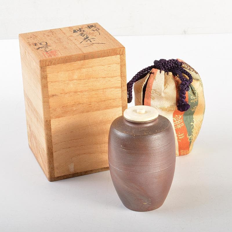 茶道具　備前焼　木村陶峰造　肩衝茶入　仕覆付　共箱　V　6616