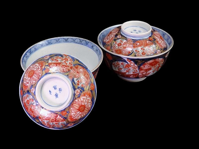 古伊万里　金襴手　枝垂れ桜に花の図　蓋茶碗　２客　C739AS-fbth