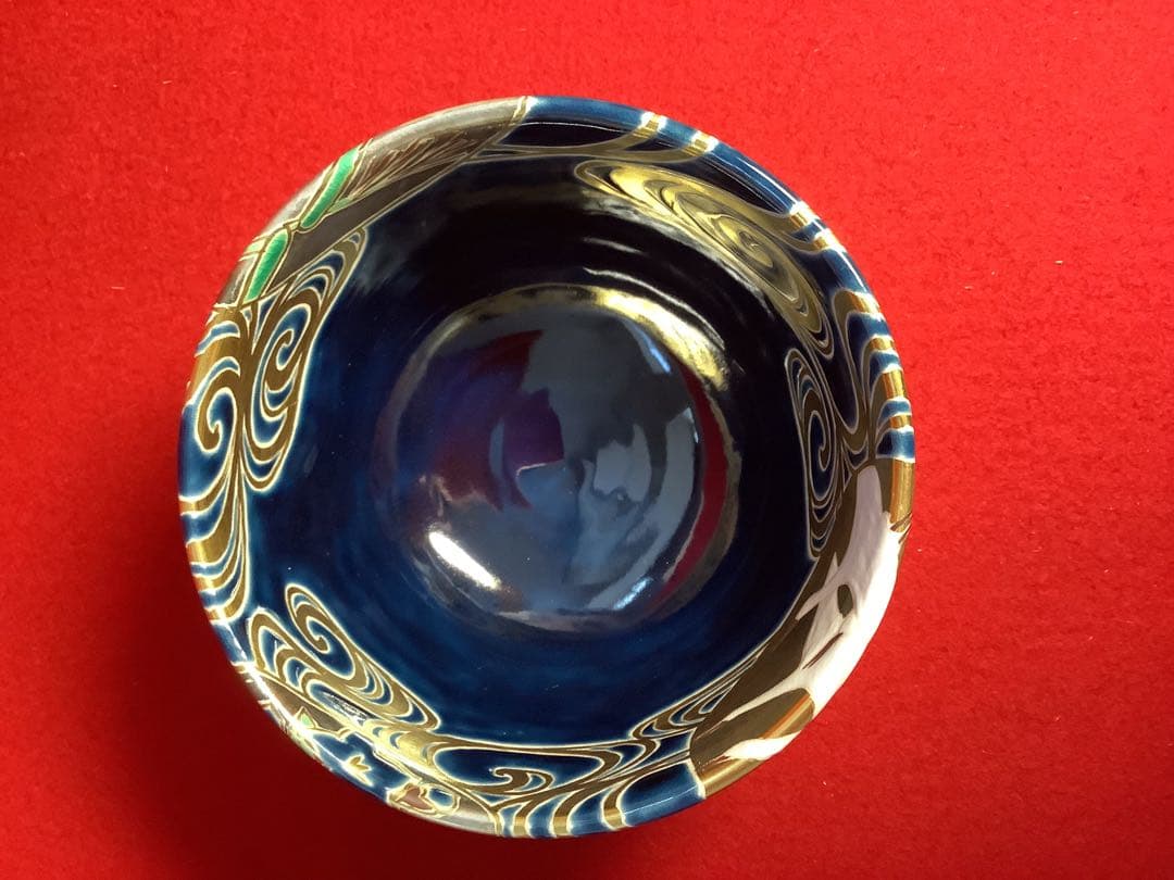 紺地団扇流水茶碗　水無月窯　芳哉造【中古美品】