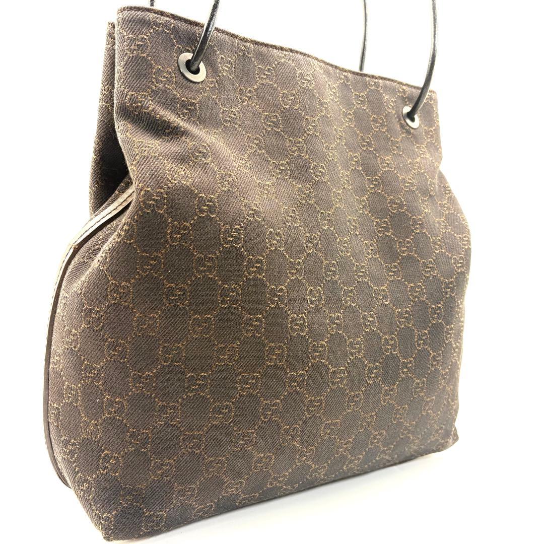 GUCCI　トートバック　キャンバス　肩掛け　巾着　ブラウン　本革　ゴールド金具