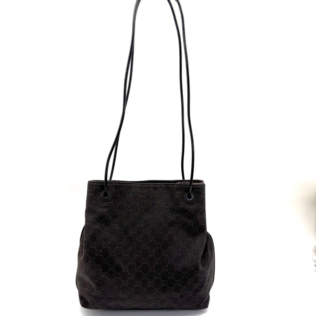 GUCCI　トートバック　キャンバス　肩掛け　巾着　ブラウン　本革　ゴールド金具