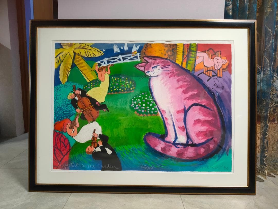 【真作】Michael Leu　マイケル・ルー　リトグラフ　直筆サイン　猫