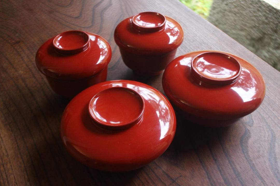 デッドストック！時代朱漆の美しい平椀＆壺椀セット（検輪島塗懐石椀茶道具