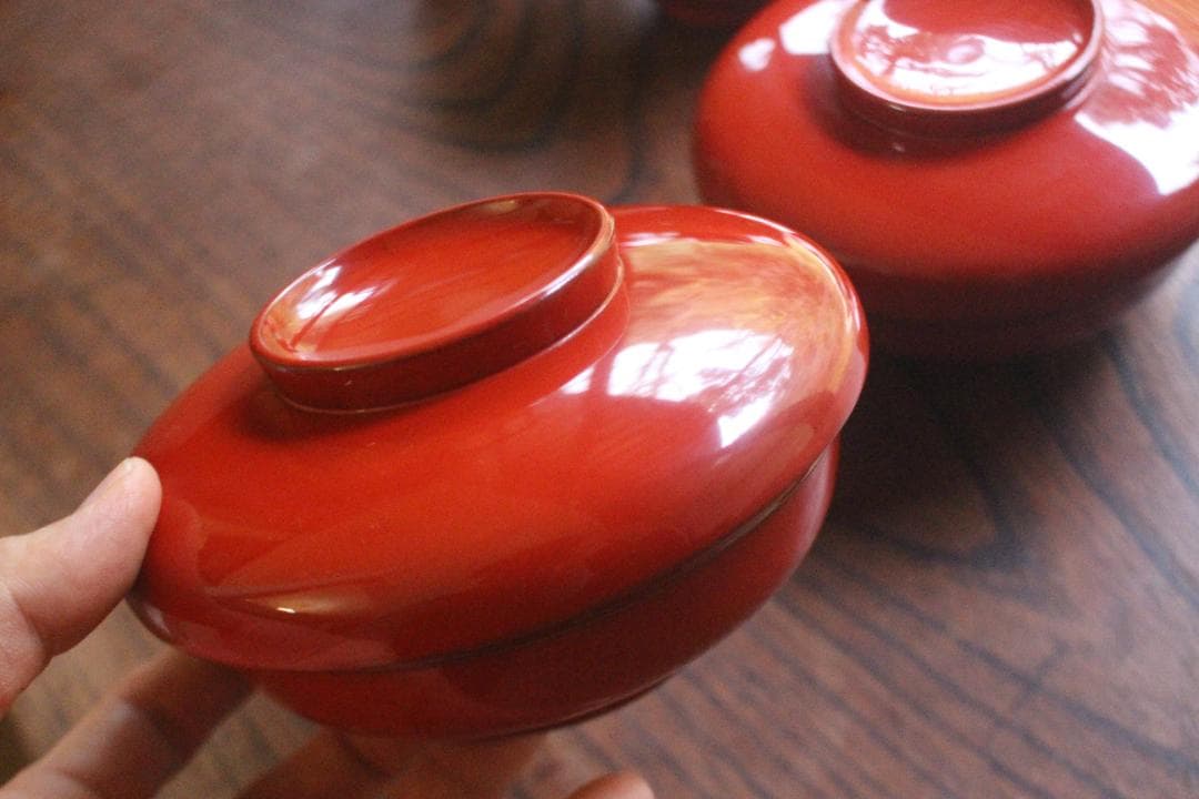 デッドストック！時代朱漆の美しい平椀＆壺椀セット（検輪島塗懐石椀茶道具