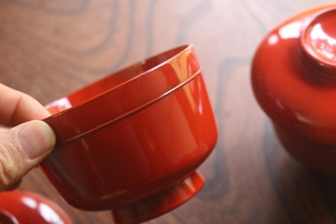 デッドストック！時代朱漆の美しい平椀＆壺椀セット（検輪島塗懐石椀茶道具