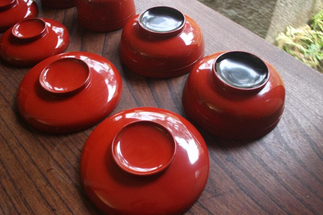 デッドストック！時代朱漆の美しい平椀＆壺椀セット（検輪島塗懐石椀茶道具