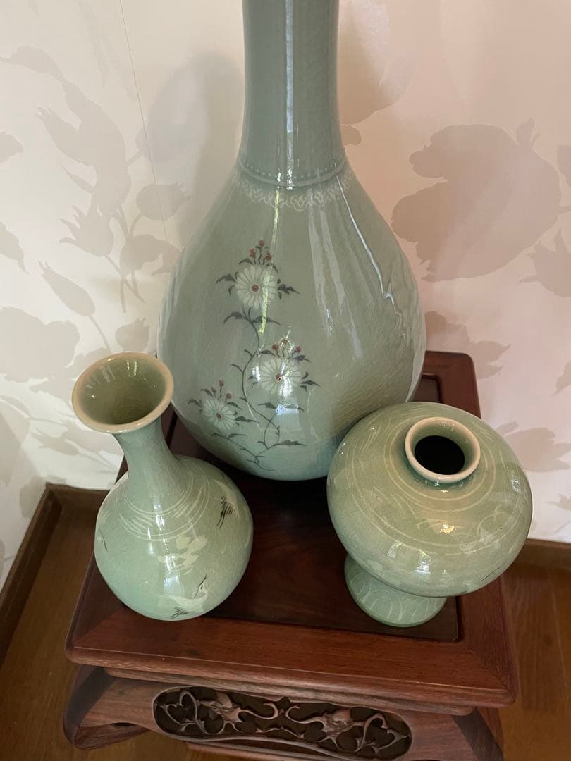 高麗青磁 雲鶴　茶道具　伝統工芸品　峯岩作　華道　高麗青磁　陶器の花瓶3点セット
