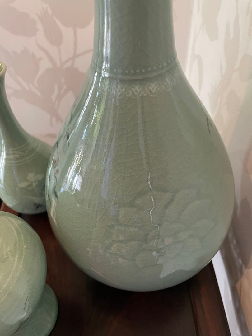 高麗青磁 雲鶴　茶道具　伝統工芸品　峯岩作　華道　高麗青磁　陶器の花瓶3点セット