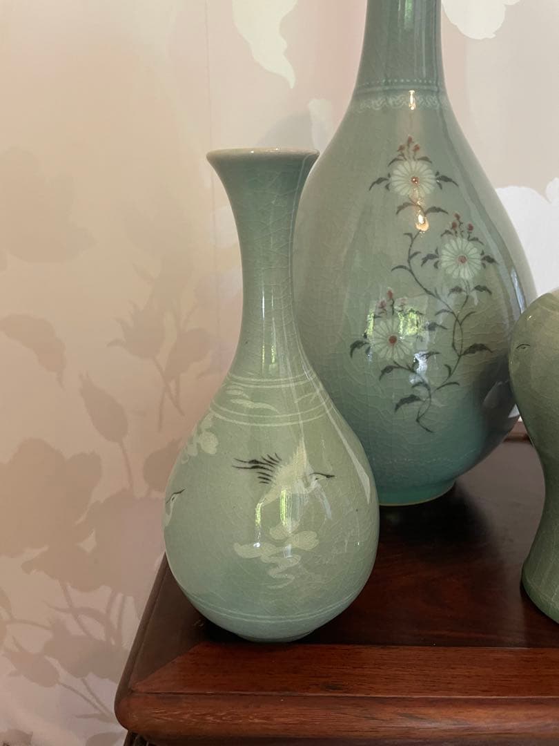 高麗青磁 雲鶴　茶道具　伝統工芸品　峯岩作　華道　高麗青磁　陶器の花瓶3点セット