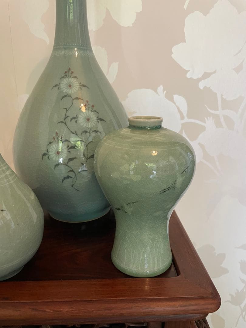 高麗青磁 雲鶴　茶道具　伝統工芸品　峯岩作　華道　高麗青磁　陶器の花瓶3点セット