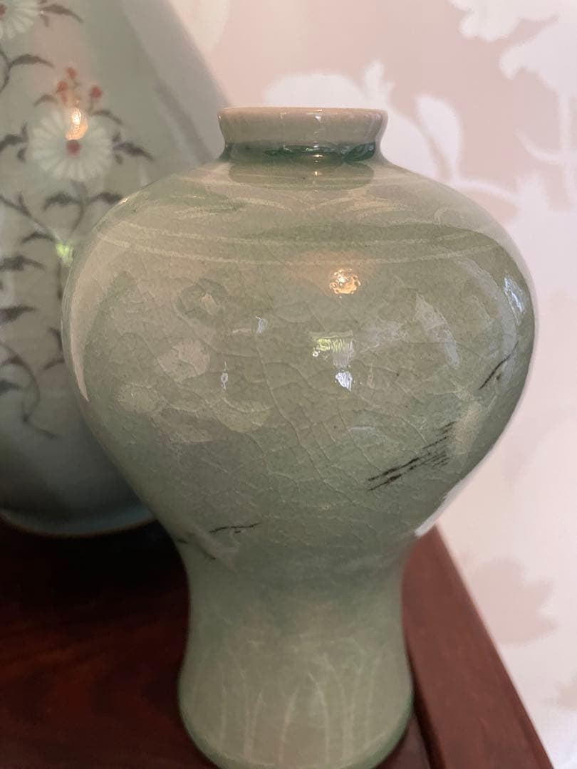 高麗青磁 雲鶴　茶道具　伝統工芸品　峯岩作　華道　高麗青磁　陶器の花瓶3点セット