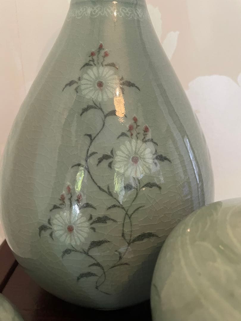 高麗青磁 雲鶴　茶道具　伝統工芸品　峯岩作　華道　高麗青磁　陶器の花瓶3点セット