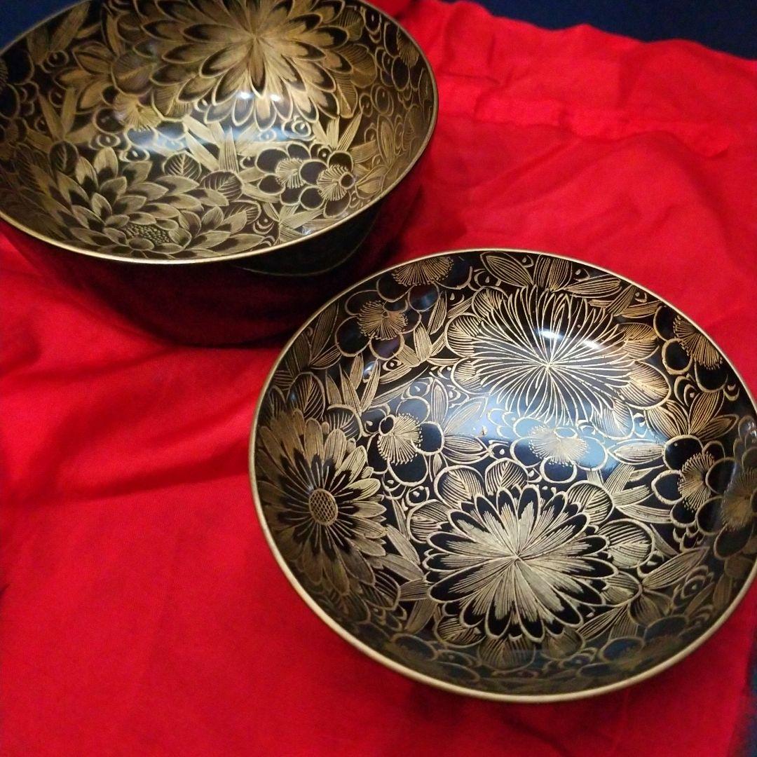 菫　黒漆塗 内総沈金 菊花紋詰 吸物椀 汁椀 茶道具 懐石 菓子椀　2客