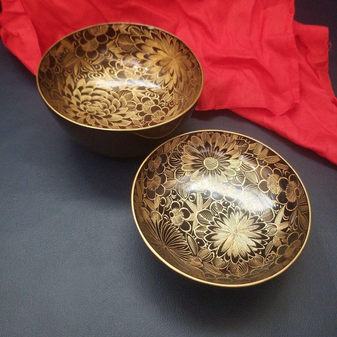 菫　黒漆塗 内総沈金 菊花紋詰 吸物椀 汁椀 茶道具 懐石 菓子椀　2客