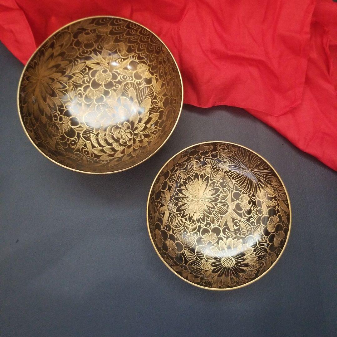 菫　黒漆塗 内総沈金 菊花紋詰 吸物椀 汁椀 茶道具 懐石 菓子椀　2客