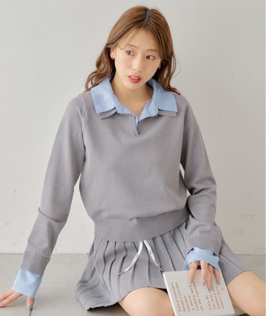 Chico 襟付きポロニット　ニットウエストリボンプリーツスカート　セット