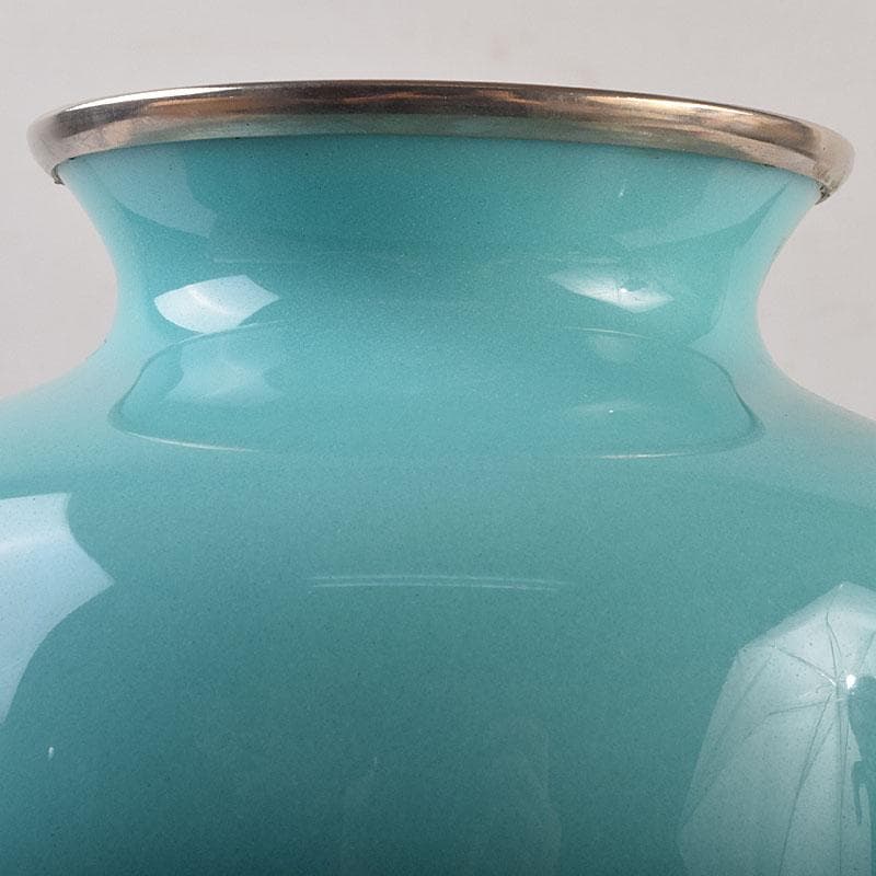 七宝焼　青釉　富士松文　花瓶　唐木台付　共箱　M　R9509