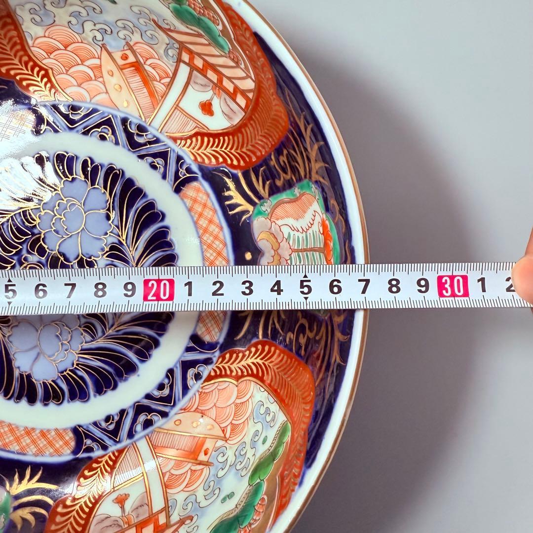 1900年代初頭　錦手　山水図三ツ鉢　箱有　青海波文　舟　二重高台　明治大正期