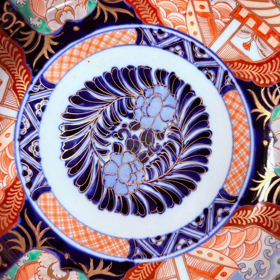 1900年代初頭　錦手　山水図三ツ鉢　箱有　青海波文　舟　二重高台　明治大正期