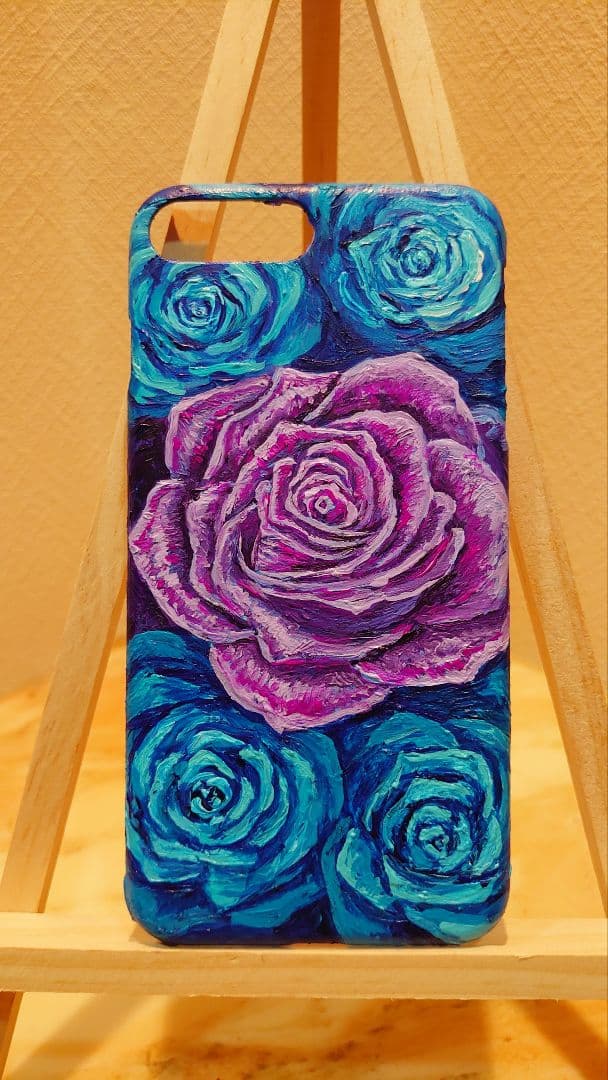 油絵  スマホケース【青と紫薔薇】iPhone8Plus/iPhone7Plus