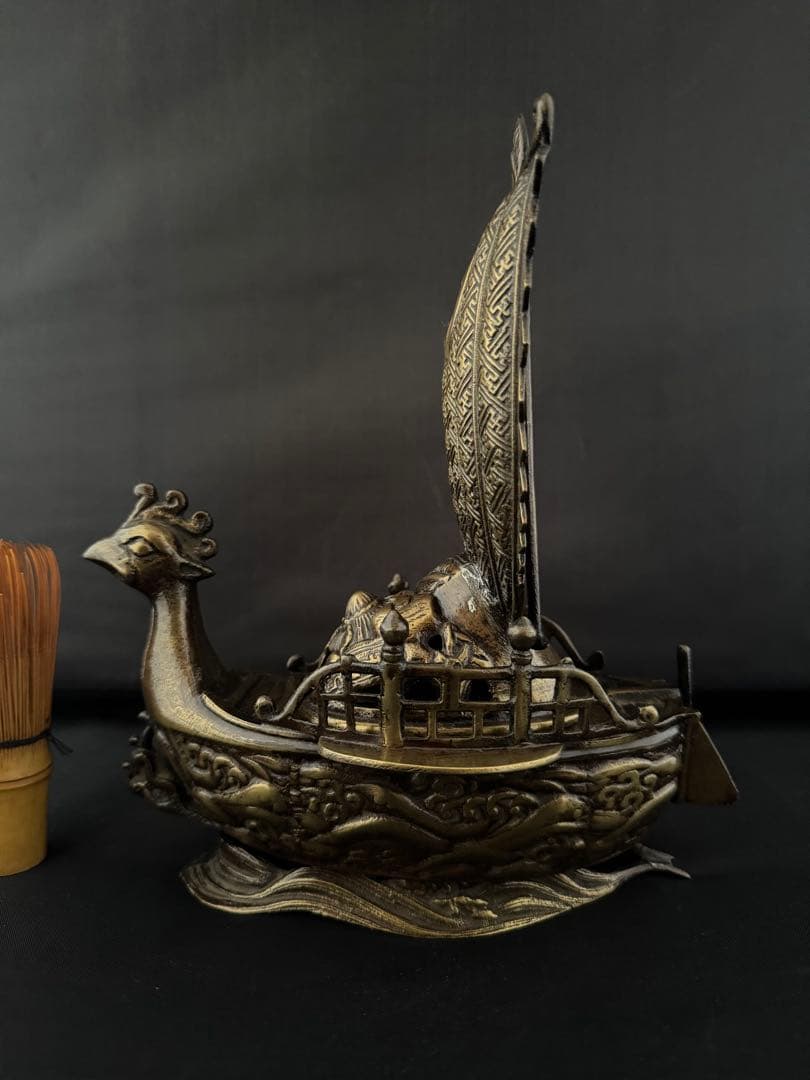 香炉 鳳凰型 宝船 銅製 彫刻 置物 開運 風水 骨董 インテリア　アンティーク