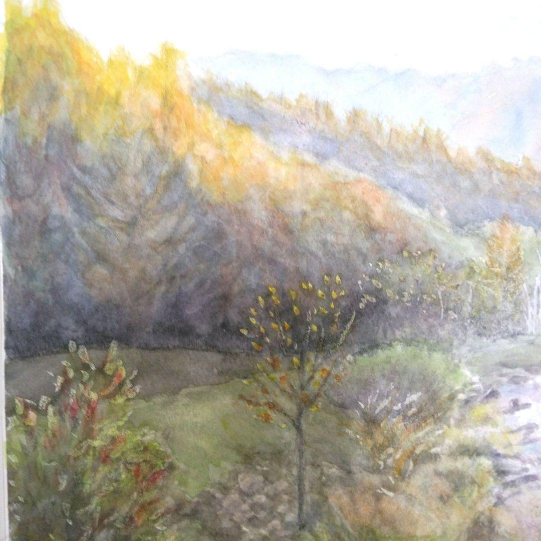 水彩画・風景画・紅葉‘長野県のある秋の風景