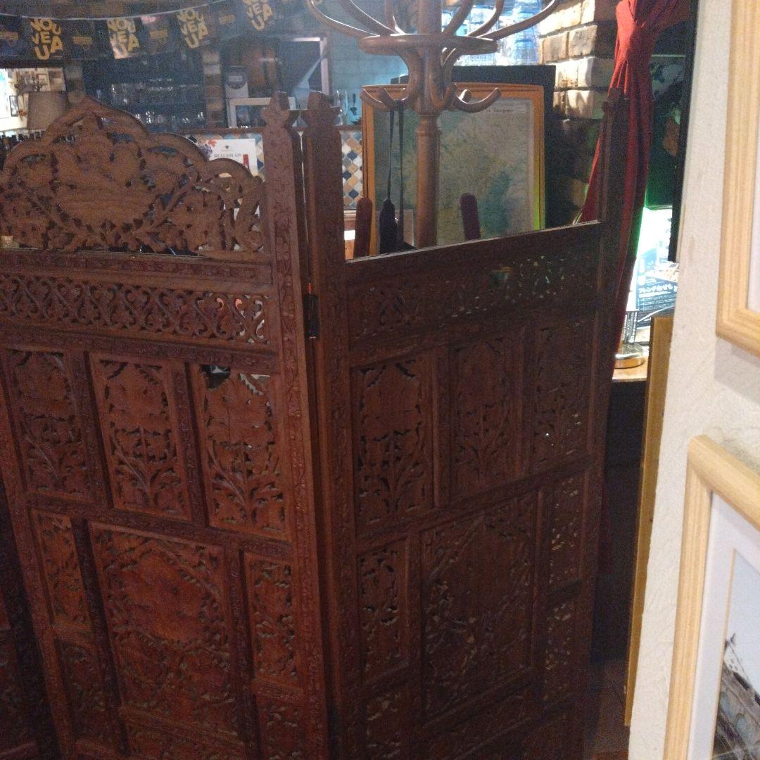 木製彫刻パーティション 4つ折り式