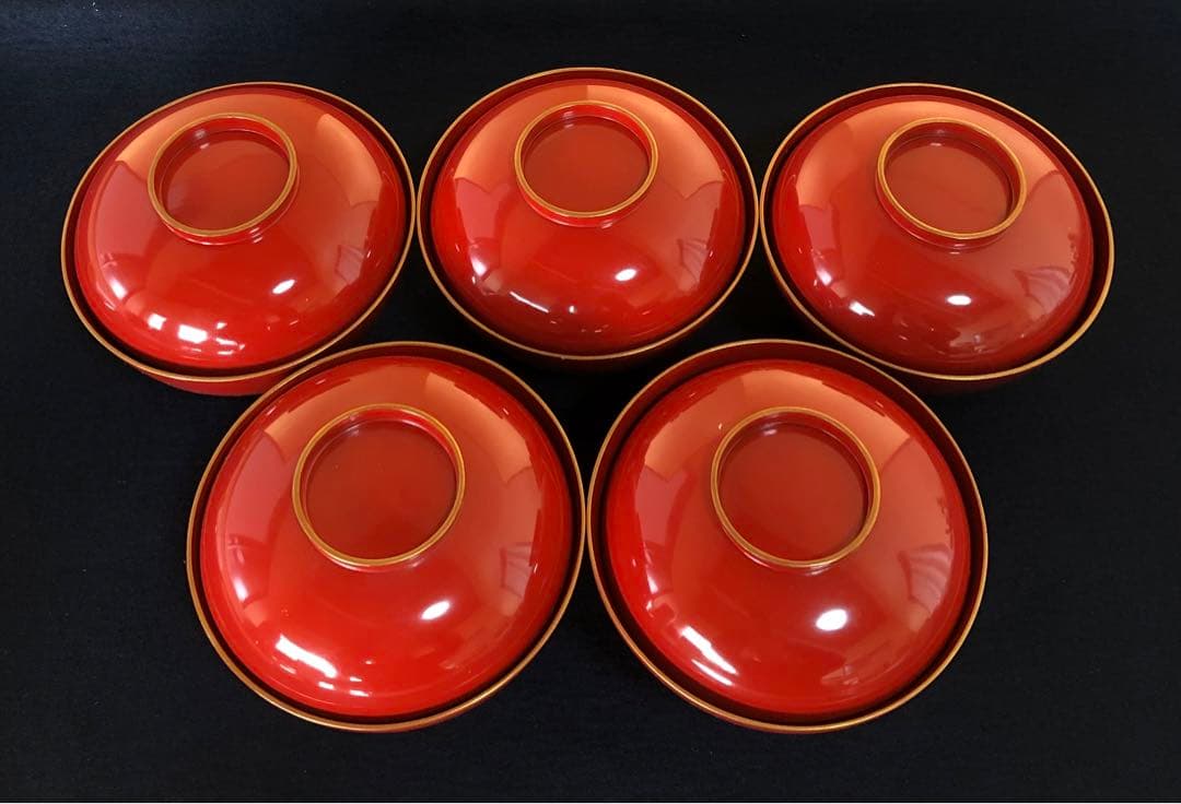 《R》朱塗 金蒔絵 烏帽子和楽器 吸物椀5客 木製漆器　251204お3