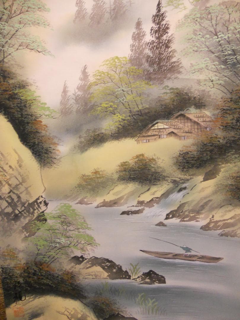 掛け軸 松観 彩色山水 絹本 希少 軸装 茶道具 掛軸 美品 です。