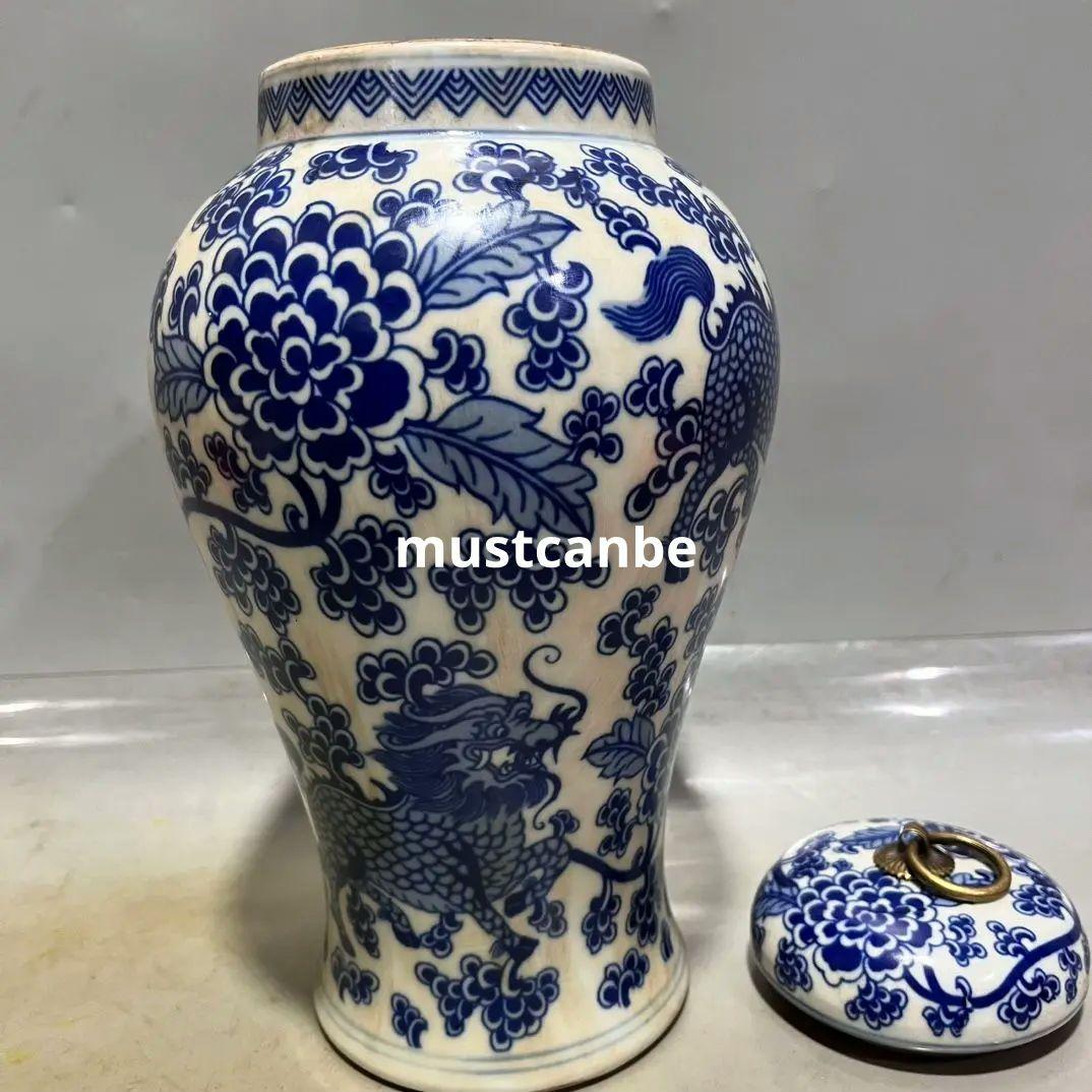 青花纏枝蓮麒麟紋茶蓋缶 景徳鎮 陶磁器 装飾品 現代工芸品 美術品 置物